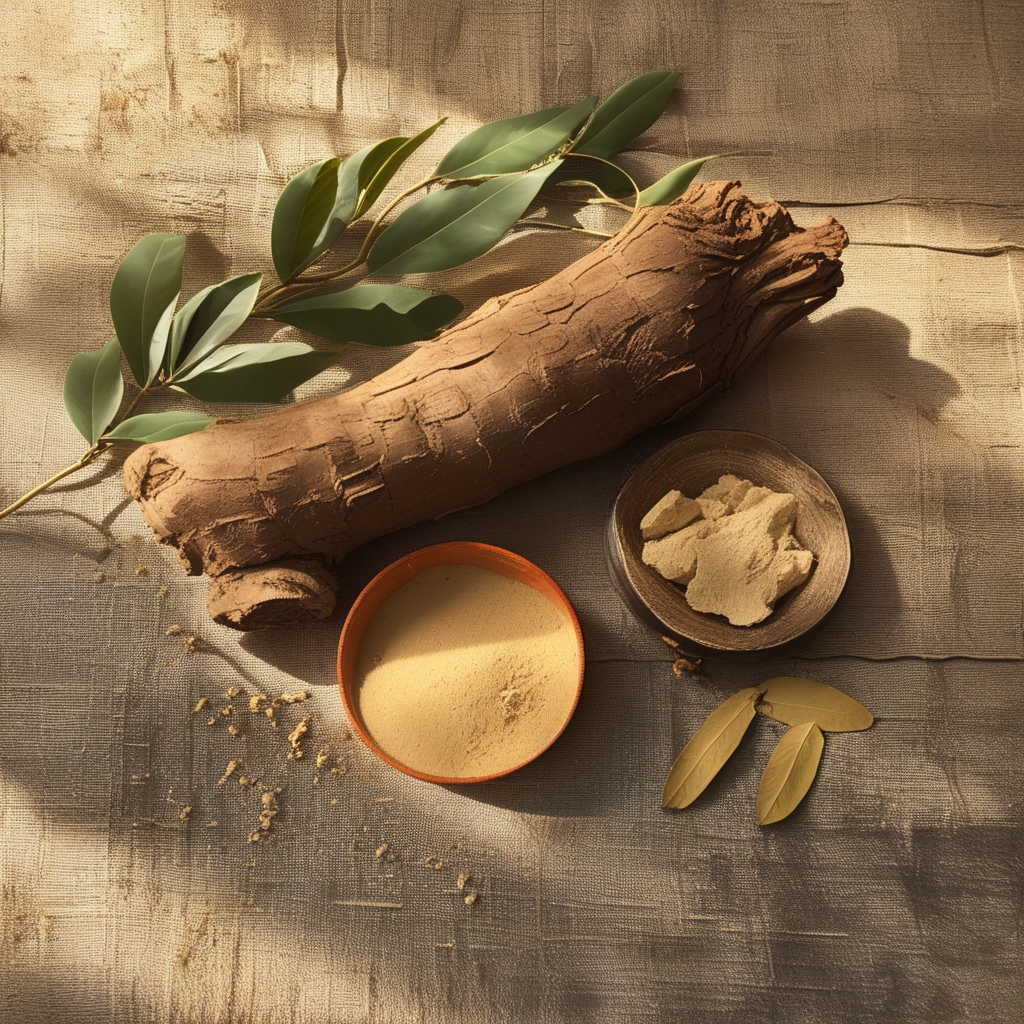 Ashwagandha root pieces and dried leaves arranged on a rough-textured natural linen surface with warm directional light emphasising earthy tones