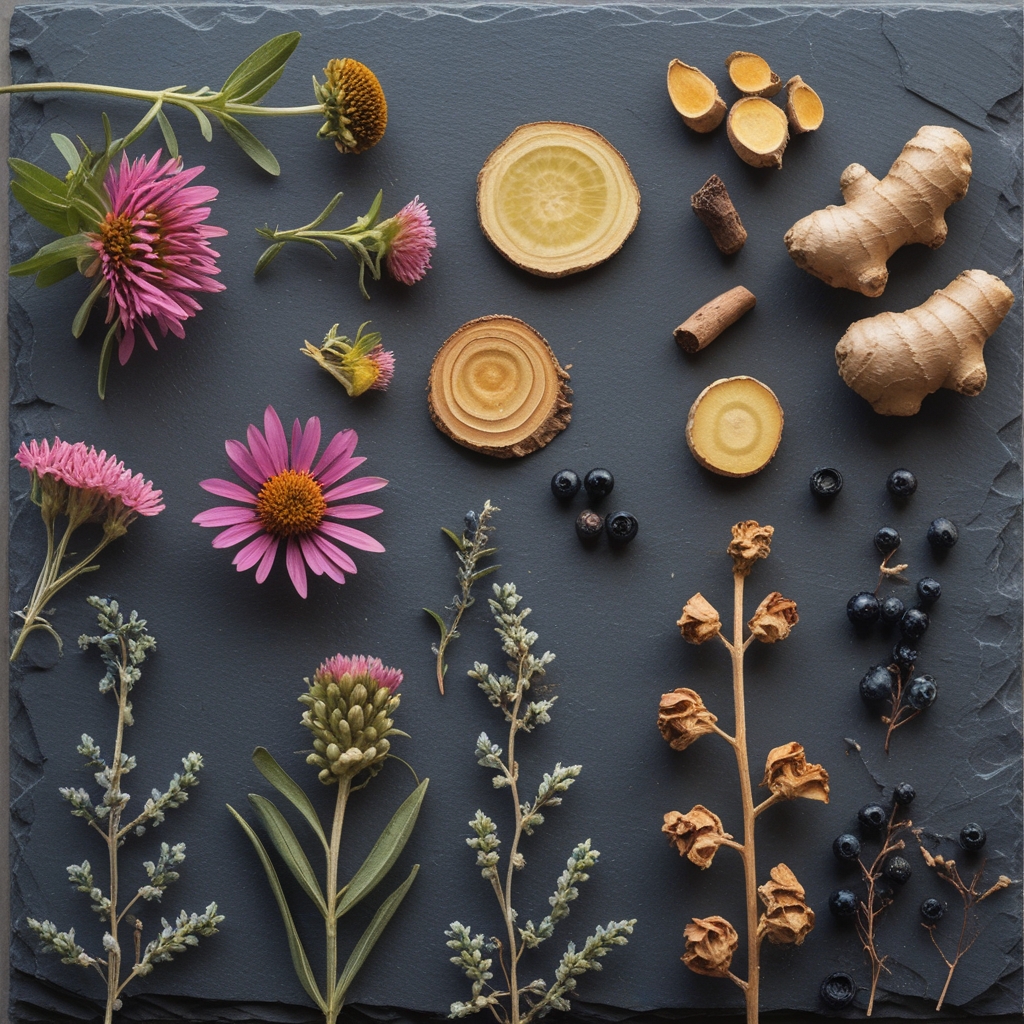 Collection of dried herbal plants including echinacea flowers, ginger root slices, and elderberries arranged on dark slate with soft overhead diffused natural light